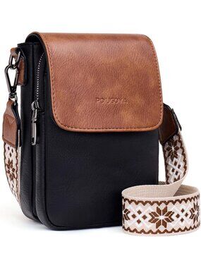 POIUGOYA Women's Black Brown Leather Triple Compartment Cell Phone Crossbody Bag